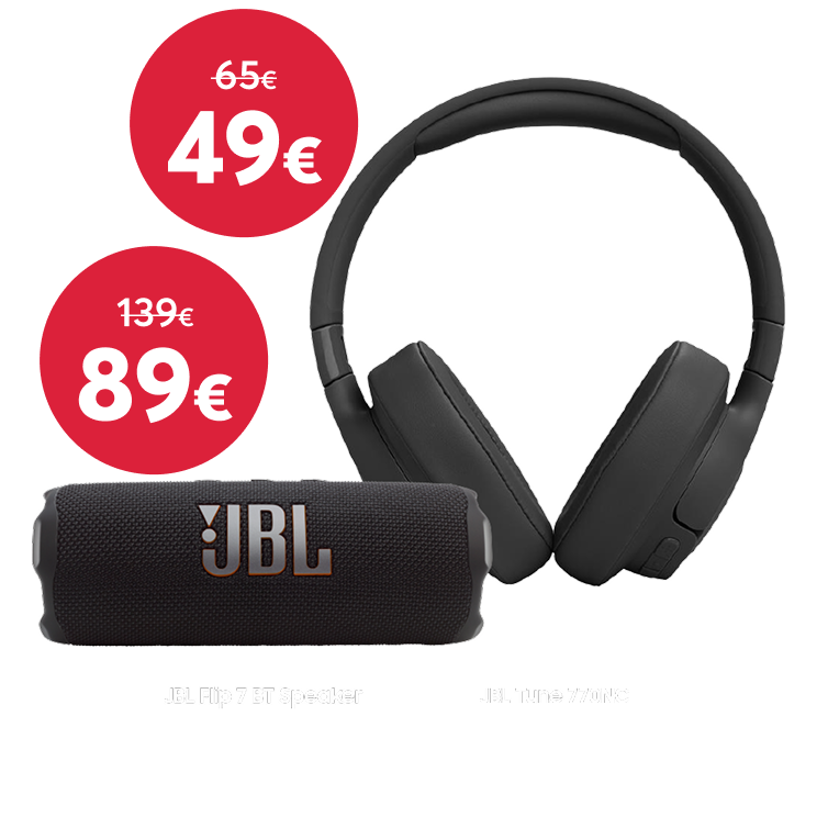 Reklāmas baneris ar ziņu: Ieskandini svētkus! Pērc JBL Flip 7 skaļruni par 89 eiro iepriekšējo 139 eiro vietā. Vai pērc JBL Tune 770NC austiņas par 49 eiro iepriekšējo 65 eiro vietā