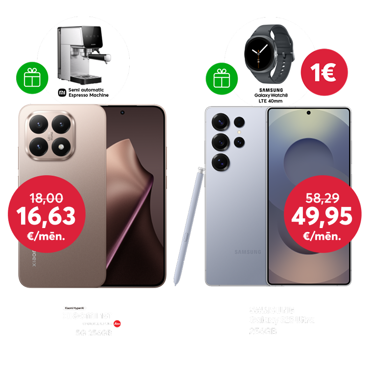 Reklāmas baneris ar ziņu: Pamodini svētku sajūtu! Pērc Siaomi 15T telefonu par 599 eiro iepriekšējo 648 eiro vietā un dāvanā saņem Xiaomi kafijas aparātu! Vai pērc Samsung Galaxy S25 ultra par 1199 eiro iepriekšējo 1399 eiro vietā un dāvanā saņem Samsung Galaxy Watch8 par 1 eiro