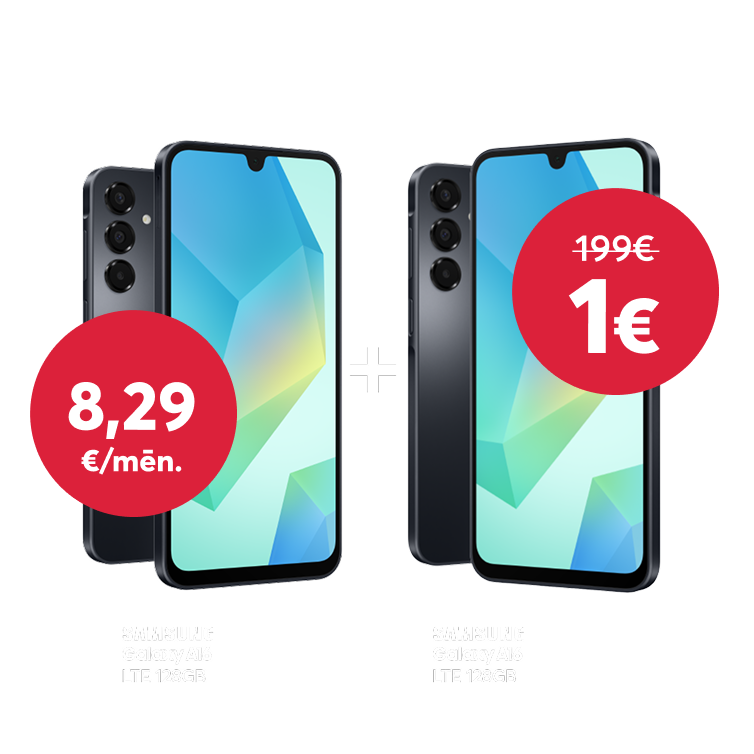 Reklāmas baneris ar ziņu: Labs nāk ar dalīšanos! Pērc Samsung Galaxy A16 par 199 eiro un saņem otru tādu pašu par vienu eiro