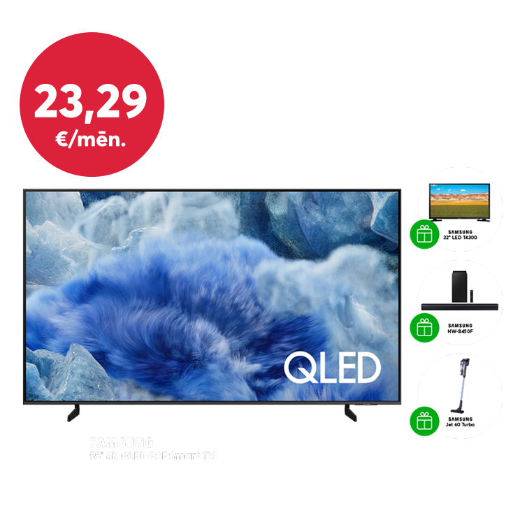 Reklāmas baneris ar ziņu: Izvēlies savu dāvanu! Pērc Samsung 55 collu televizoru par 559 eiro un dāvanā izvēlies Samsung 32 collu televizoru, Samsung skaņu sistēmu vai Samsung Jet 60 Turbo putekļsūcēju