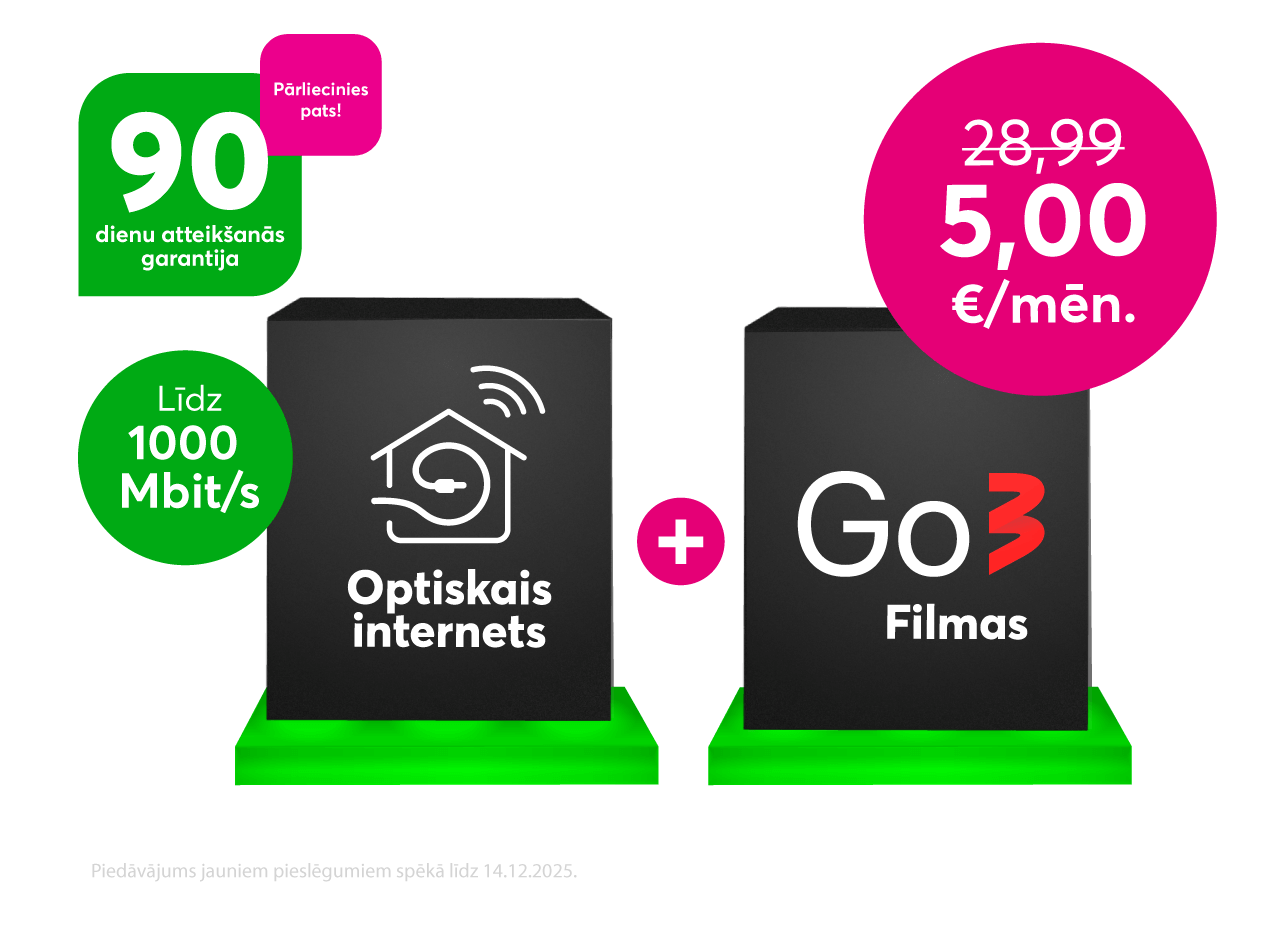 Reklāmas baneris ar ziņu: Optiskais internets + Go3 televīzija par akcijas cenu 5 eiro mēnesī